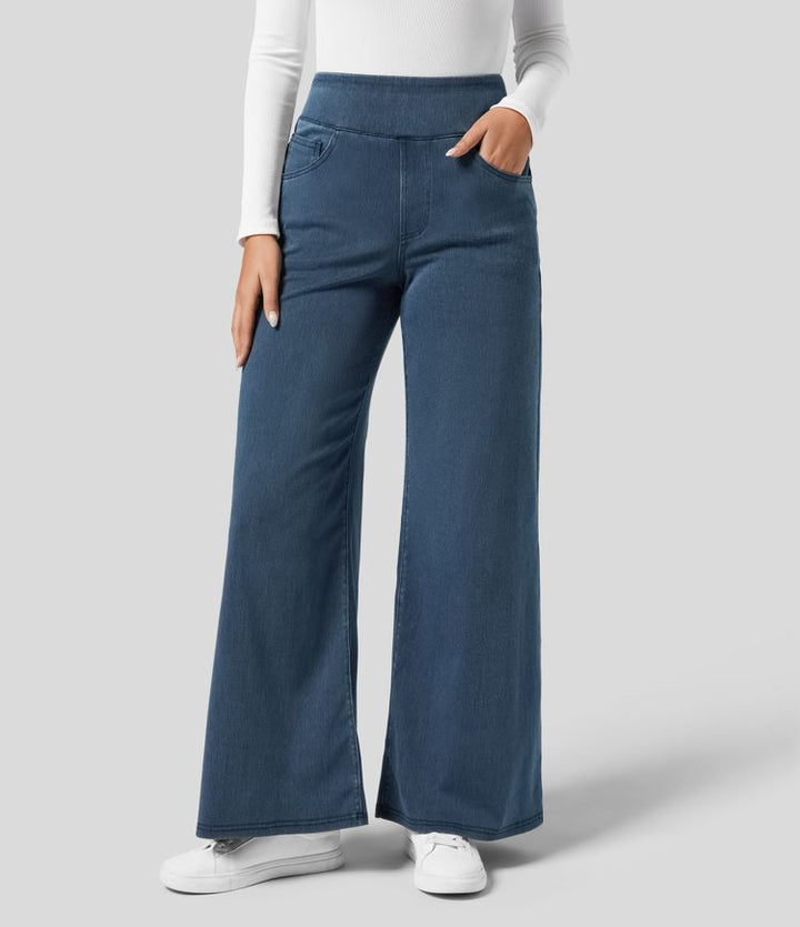 Women's comfortable dark blue high-waisted wide-leg stretch trousers, elastic waist, casual chic.