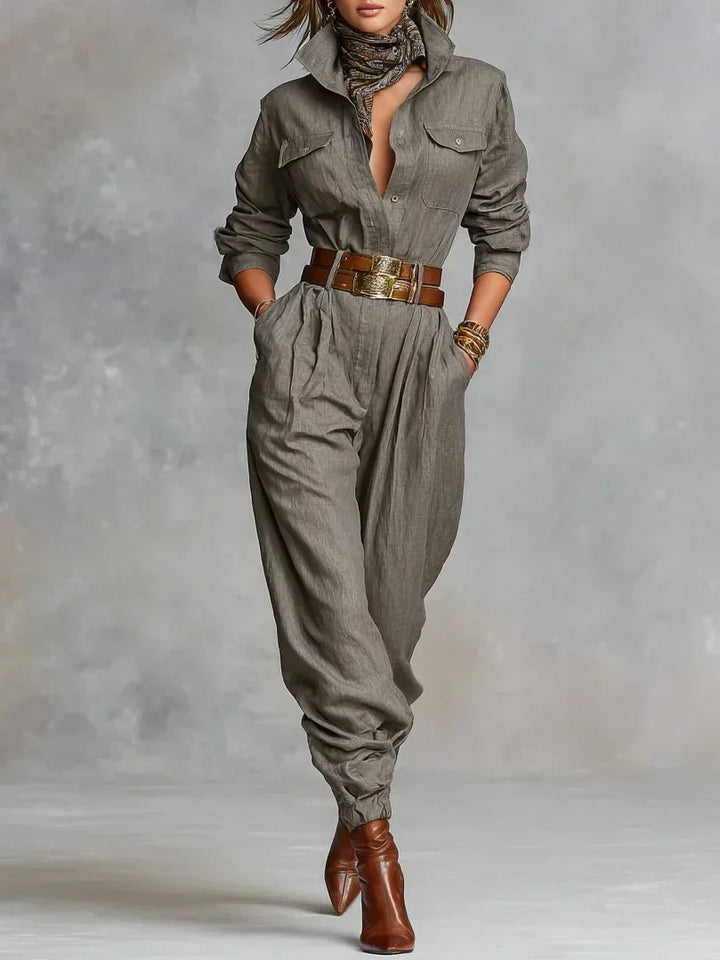 Women's Effortless Chic Jumpsuit with relaxed fit, long sleeves, and shirt collar for versatile everyday style.