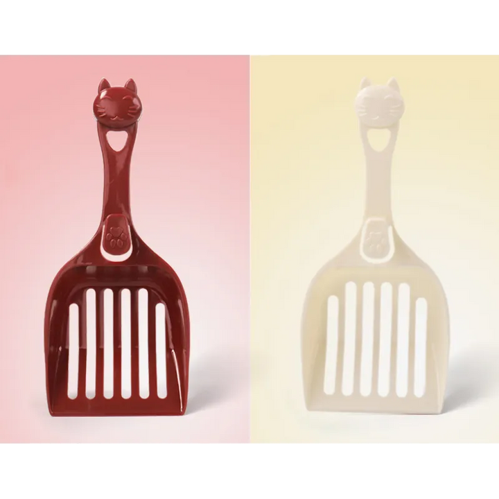 Essential pet care cleaning tool: durable plastic cat litter scoop featuring a cute cat head design.
