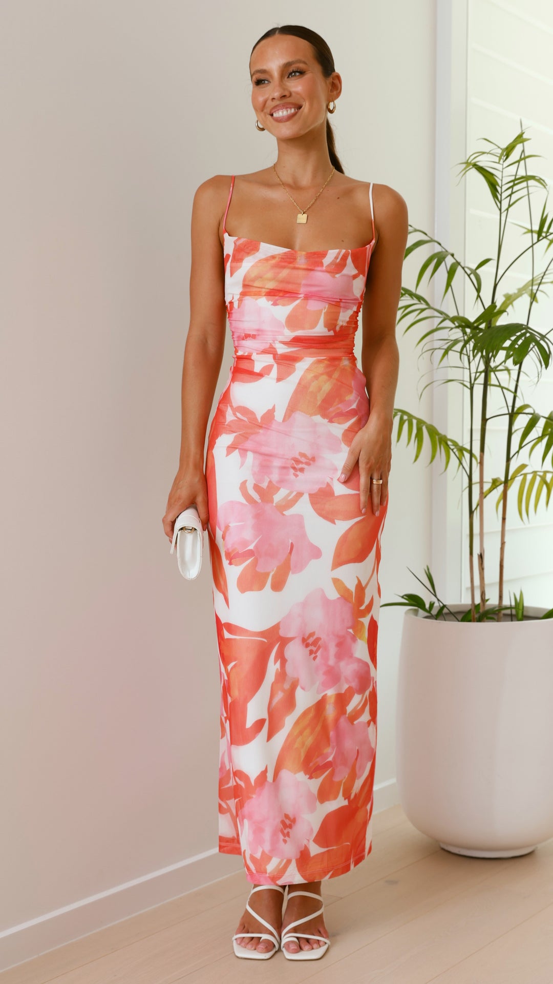 Beautiful women's floral maxi dress, bodycon fit, elegant cowl neck, and adjustable tie-up back.
