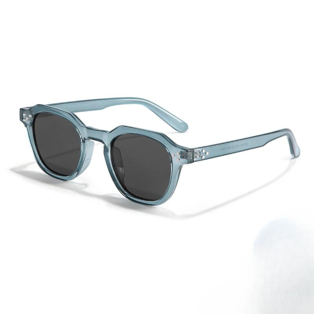 Outdoor accessories: angular sunglasses, black lenses, UV400.