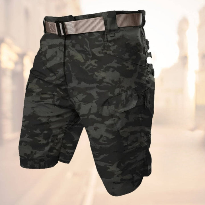 Durable black men's active wear cargo shorts with utility pockets, suitable for various adventures.