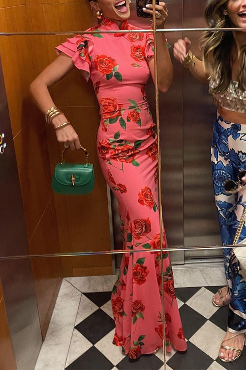 Sophisticated women's rose pattern maxi cheongsam dress with ruffled sleeves, ideal for elegant events.