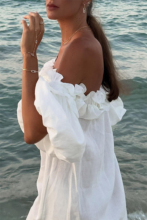 Lightweight women's off-shoulder ruffle maxi dress with a thigh-high split, a chic choice for beachwear.