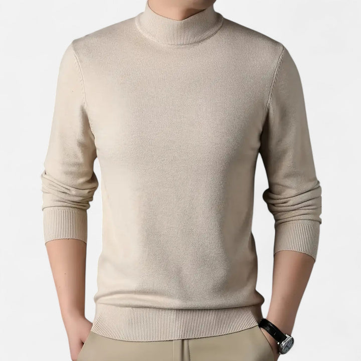 Men's stand-collar knit pullover sweater, providing sophisticated warmth for autumn and winter.