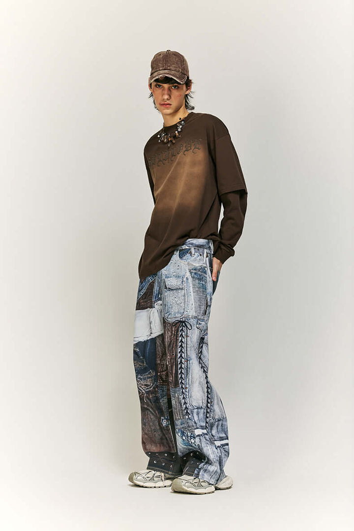 Women's Wide Leg Patchwork Print Trousers