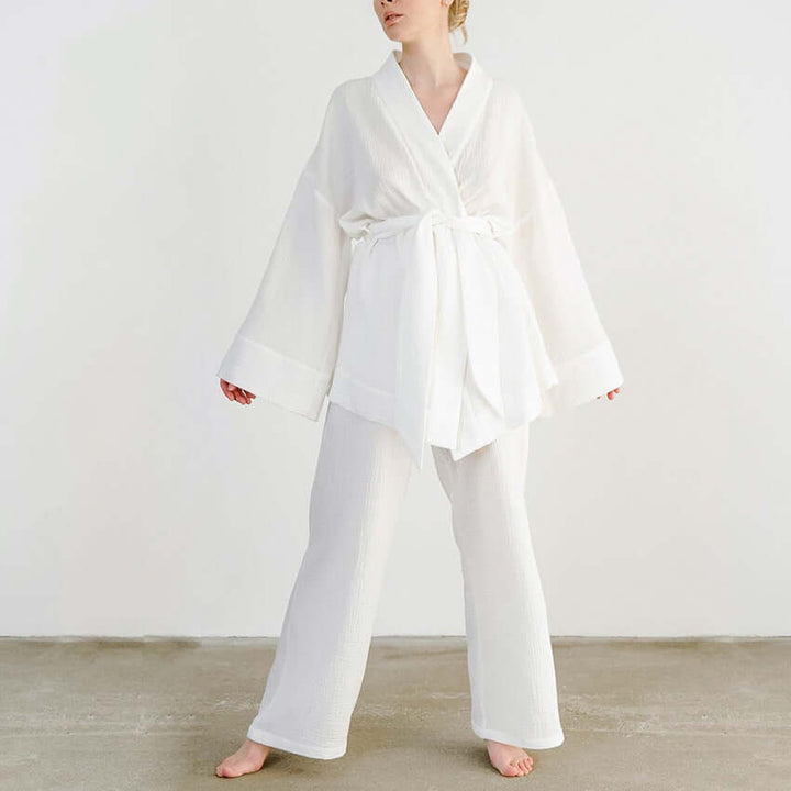 Women's V-Neck Top & Wide-Leg Trousers Set