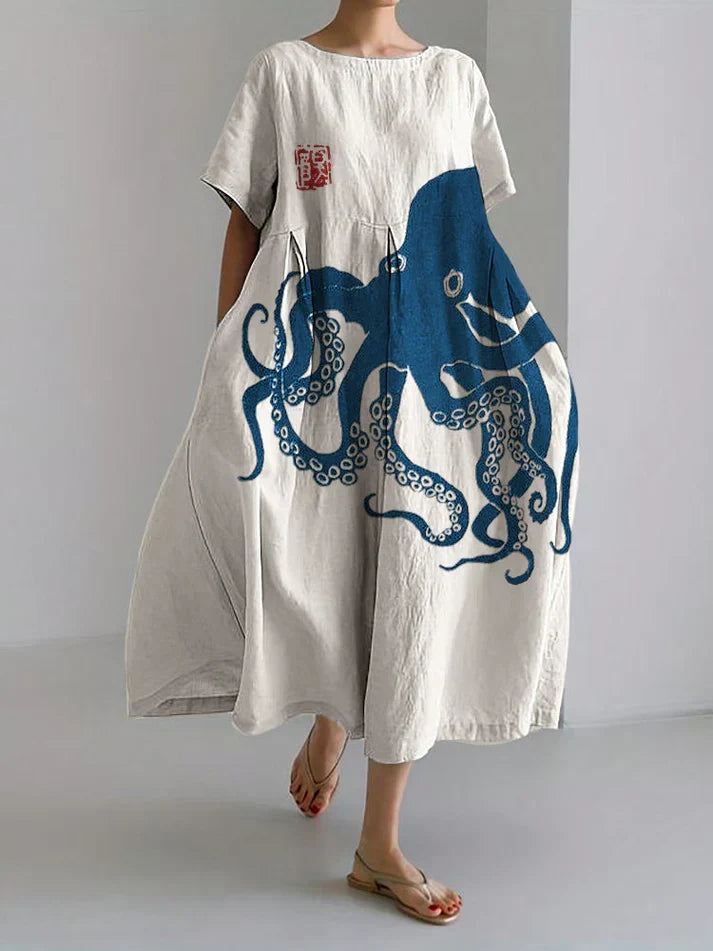 Elegant women's Japanese octopus print maxi dress. Stylish long summer dress with unique artistic design, perfect for occasions.