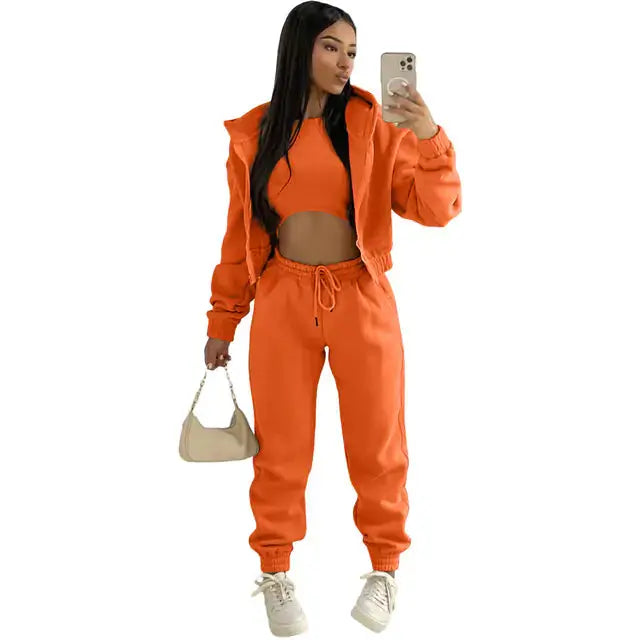 Ultimate comfy women's 3-piece set: cropped hoodie, joggers, and a lounge bralette.