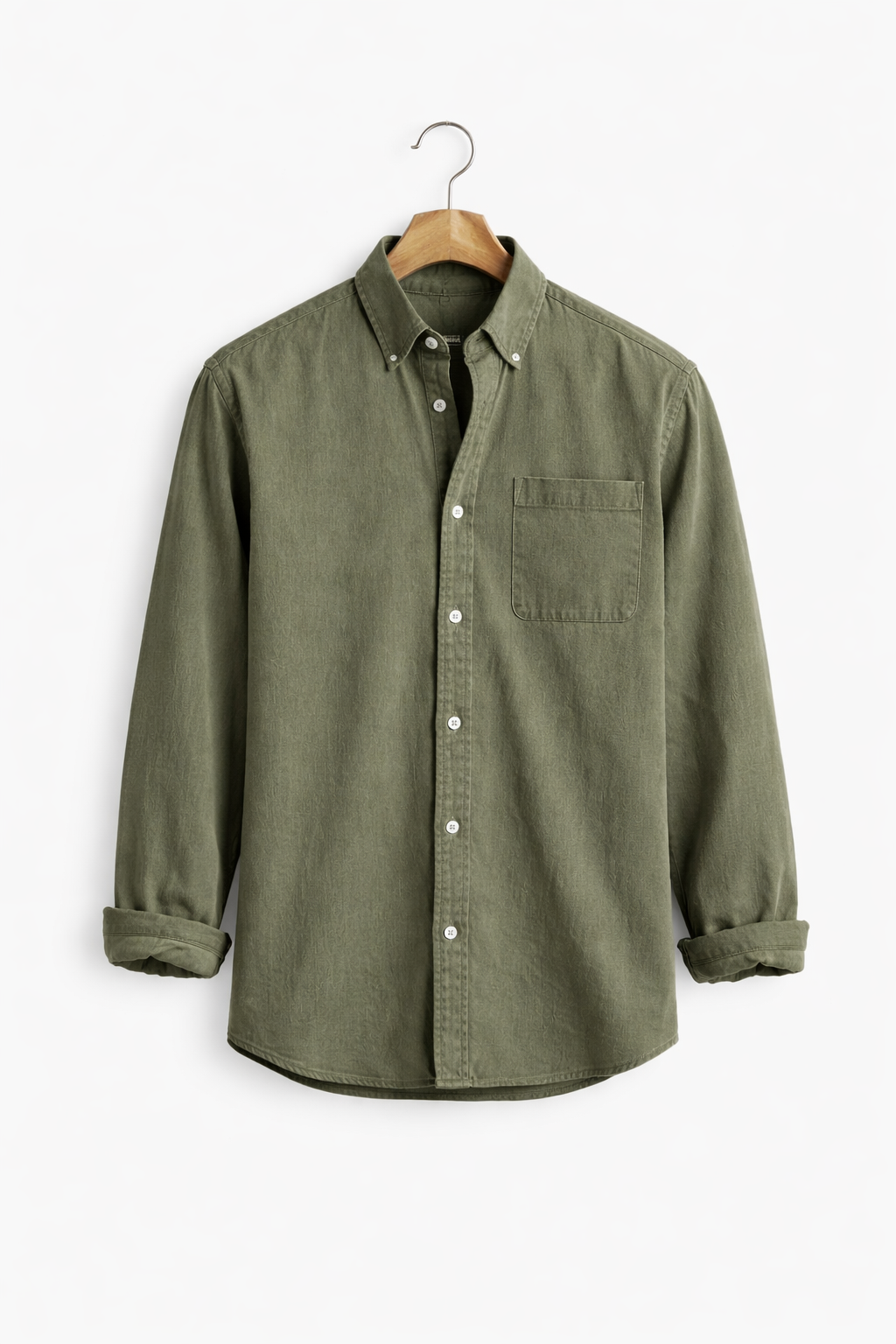 Effortless men's chambray shirt with relaxed fit. A comfortable, long sleeve button-up for everyday wear.