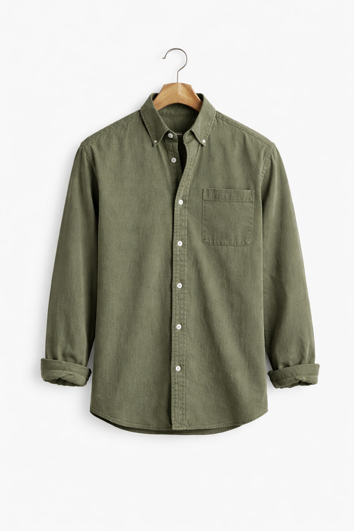 Effortless men's chambray shirt with relaxed fit. A comfortable, long sleeve button-up for everyday wear.