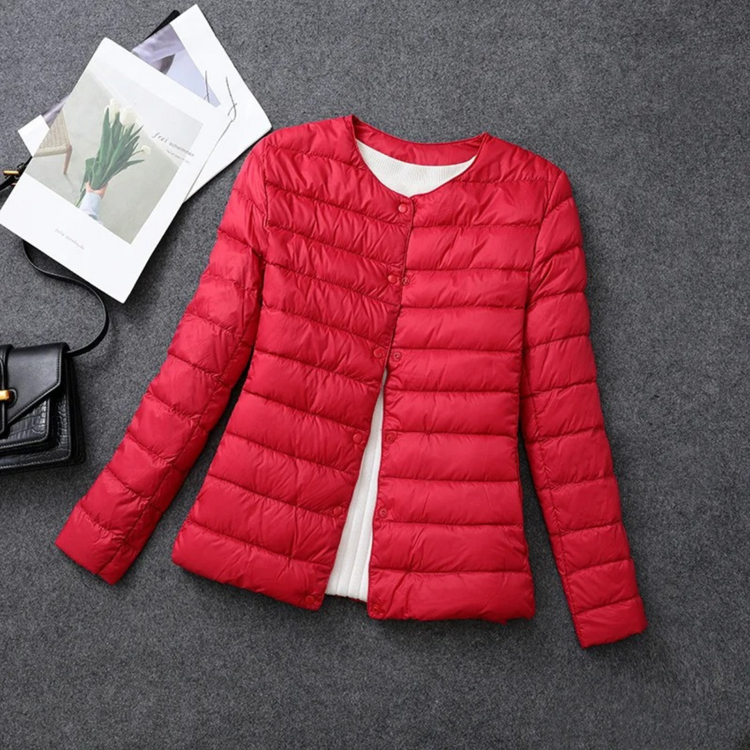 Versatile women's lightweight puffer down jacket. Cozy fall/winter outerwear for everyday comfort & style.