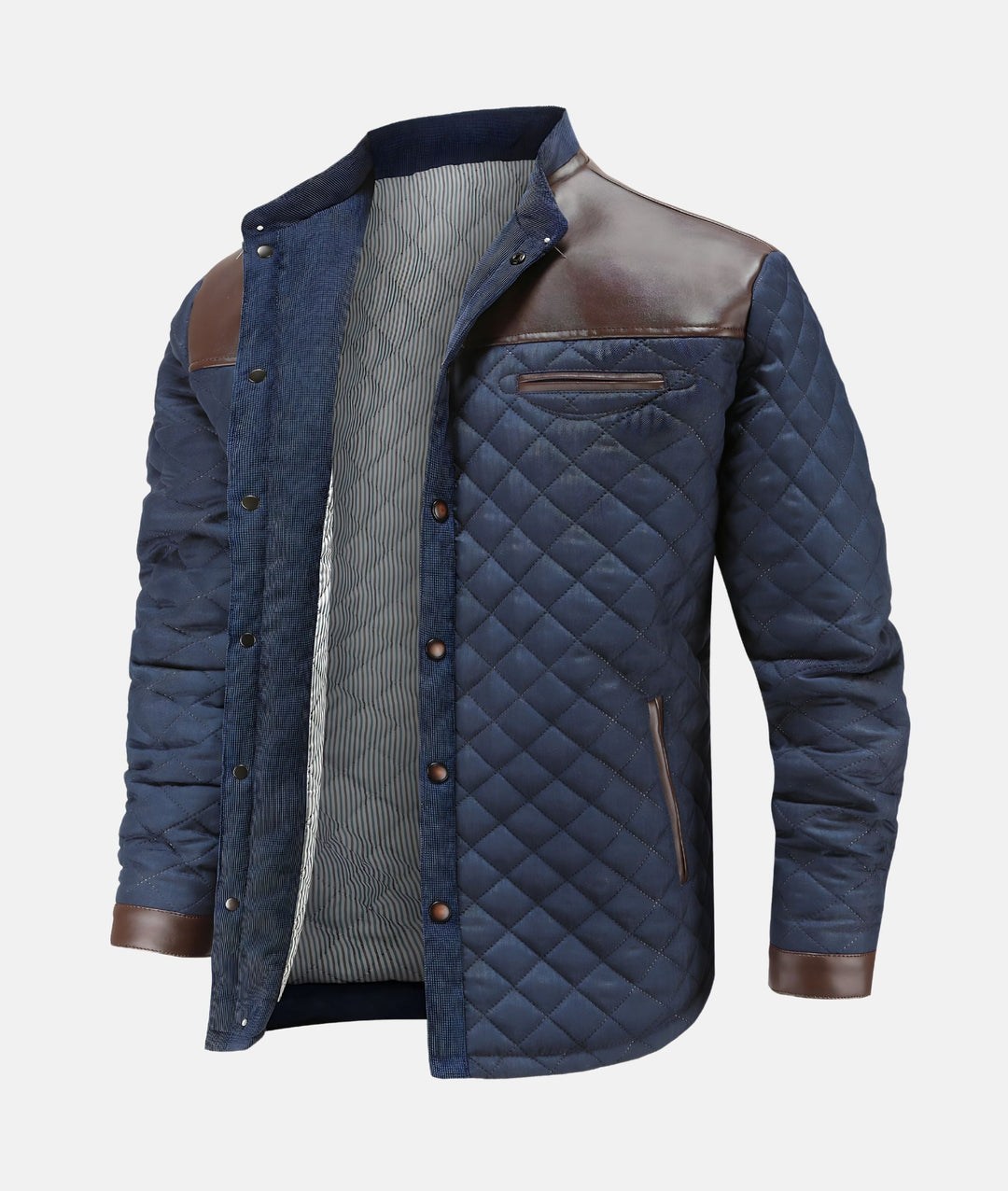 Casual men's navy quilted jacket with button-down front, ideal for modern fall fashion.