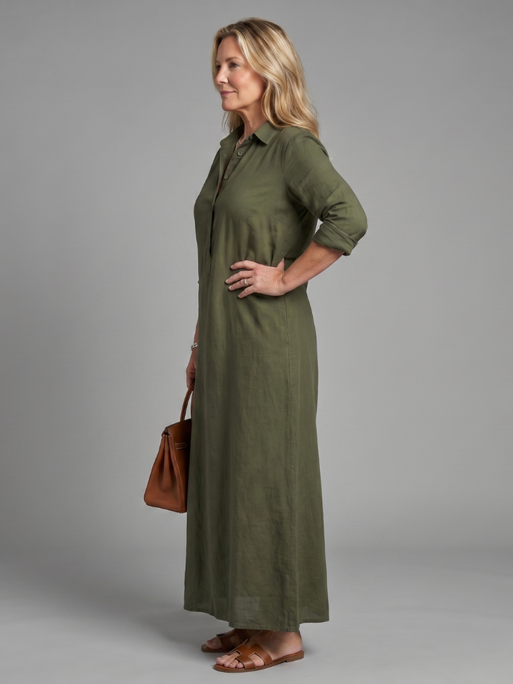 Comfortable women's relaxed fit maxi dress, long sleeve with collar & button front, perfect for versatile style.