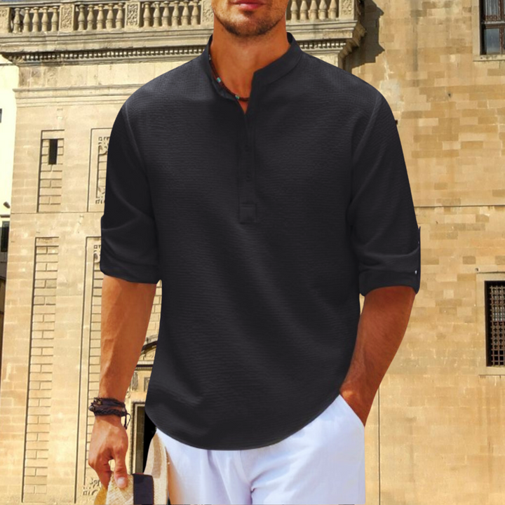 Smart casual men's button-down shirt featuring a stylish up collar for a timeless fashion look.
