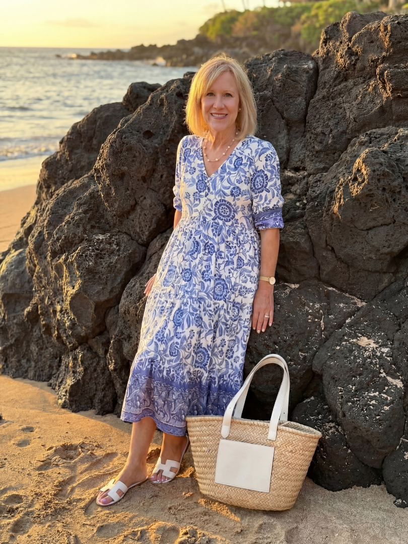 Relaxed fit floral midi dress for women, featuring a V-neck and elbow sleeves, ideal for everyday summer fashion.