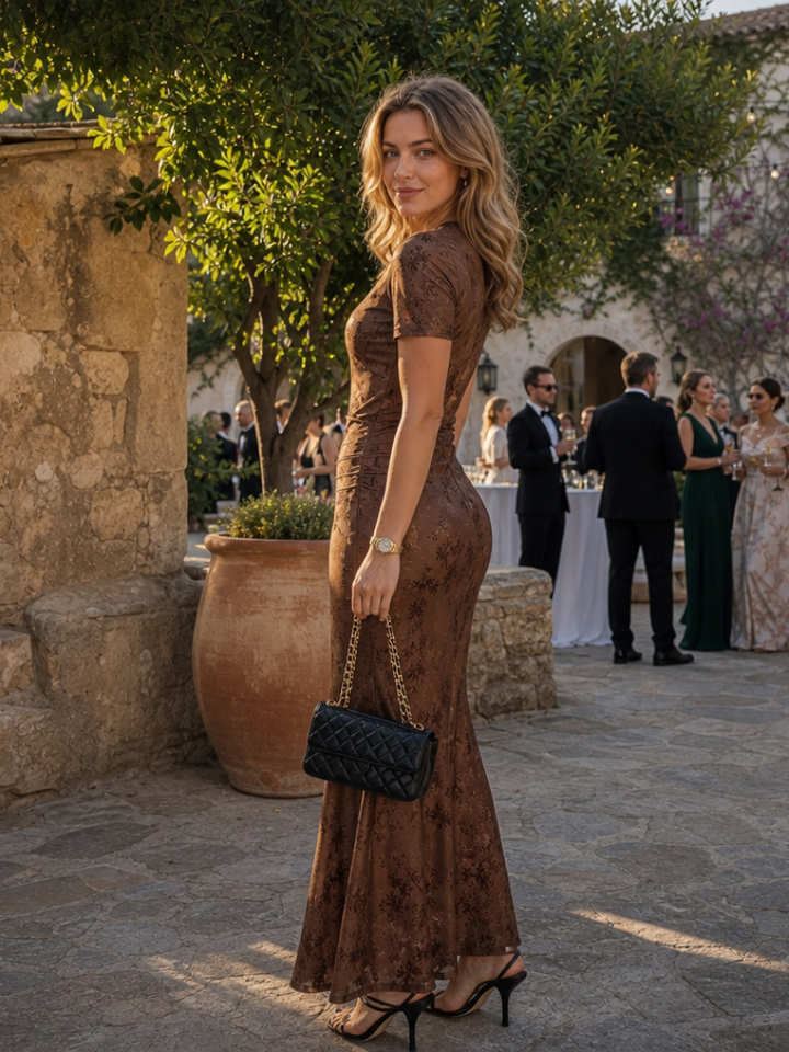 Elegant women's midi dress featuring a flattering tailored fit, short sleeves, and a stylish flared hem.