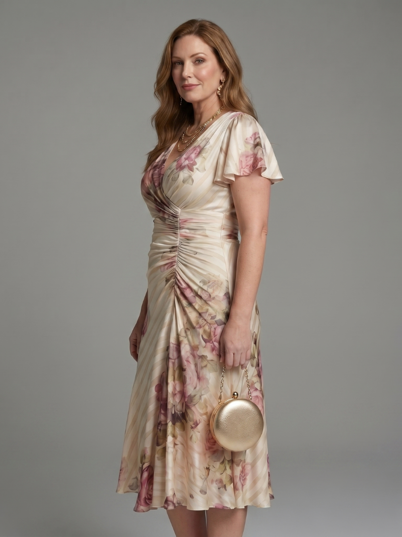 Stylish women's floral print midi wrap dress featuring delicate flutter sleeves, perfect for elegant spring fashion.