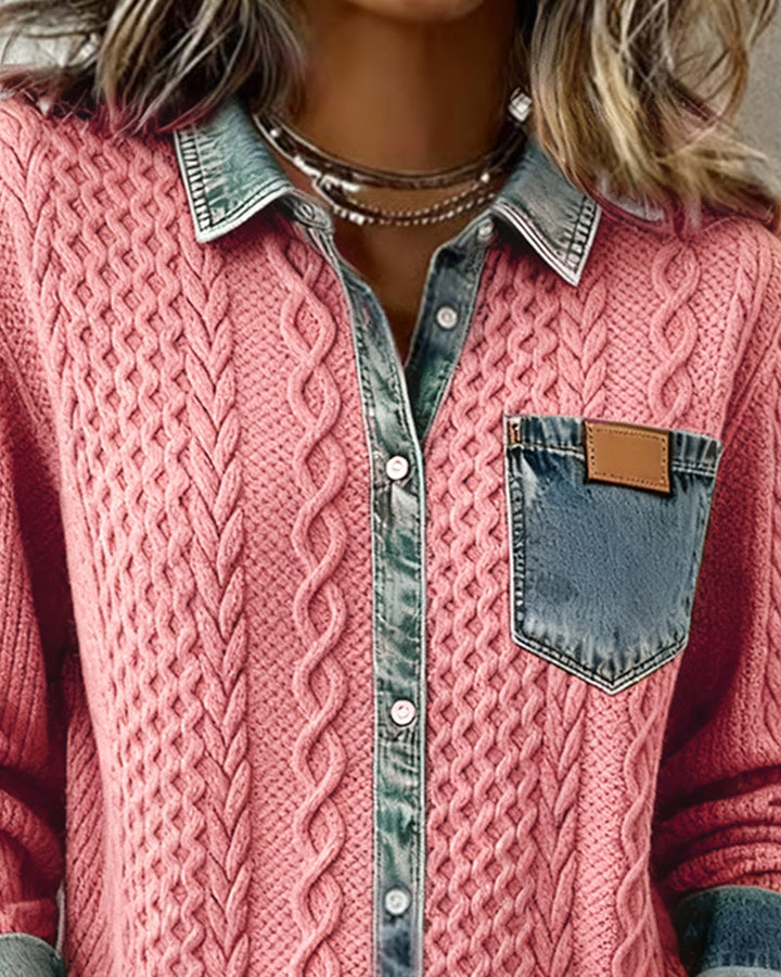 Classic women's cable knit long-sleeve blouse. Button-front, textured top, a versatile piece for fall & winter.