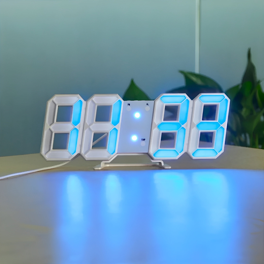 Unisex futuristic LED wall clock with smart temperature & date display, perfect for modern digital decor.