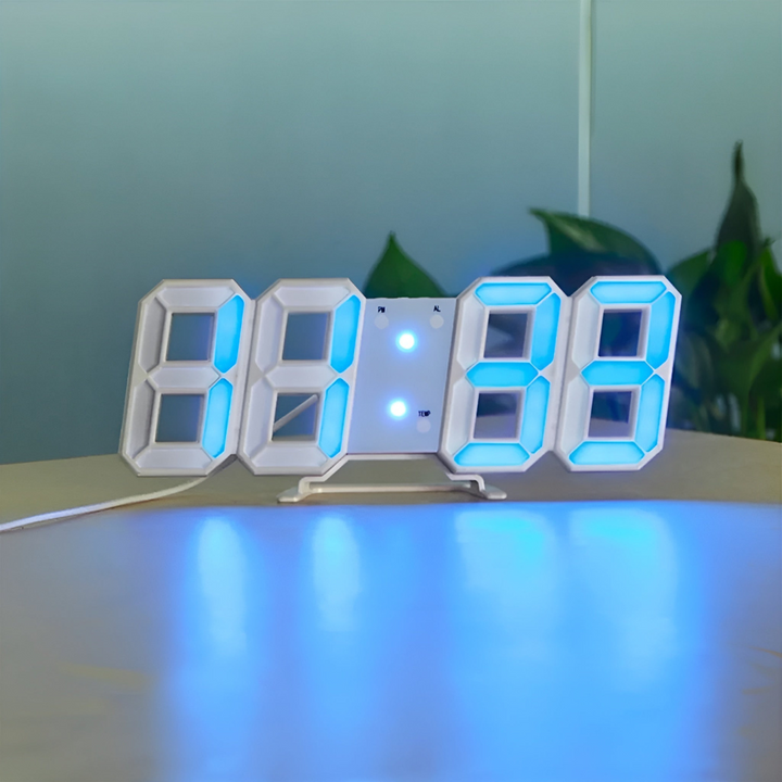 Unisex futuristic LED wall clock with smart temperature & date display, perfect for modern digital decor.