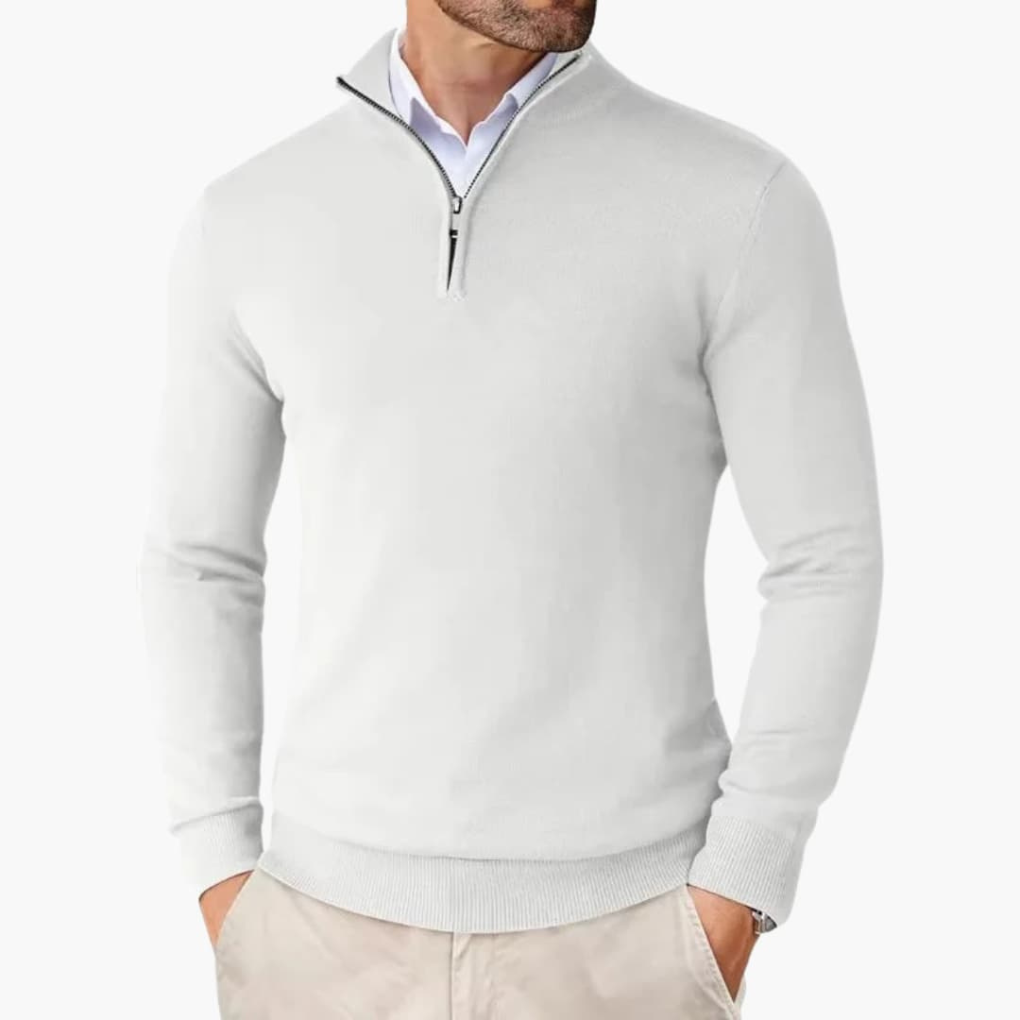 Front view of a men's refined quarter zip pullover, showcasing the stylish casual top and long sleeves.