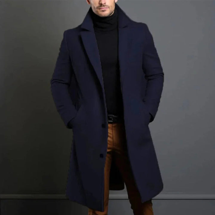 Men's elegant longline overcoat, a fashionable and warm choice for fall & winter weather. Modern menswear.