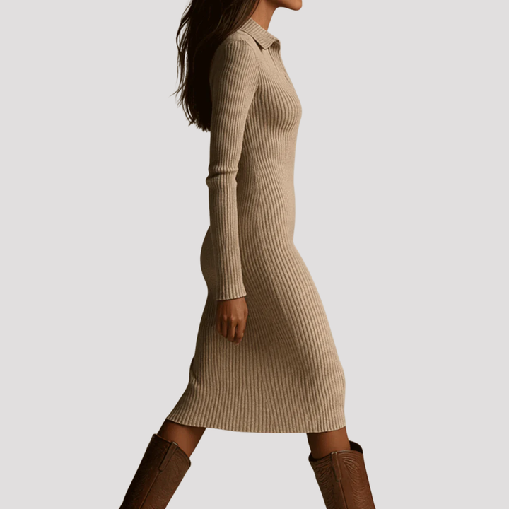 Elegant women's collared V-neck midi dress. Flattering long sleeve design for chic fall and winter outfits.