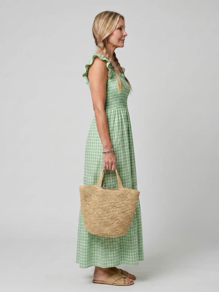 Casual summer smocked gingham midi dress for women, featuring a stylish square neck design.