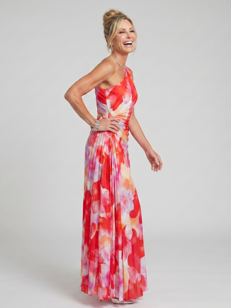 Stylish women's one shoulder floral pleated midi dress, ideal for cocktail parties, special occasions & evening wear.