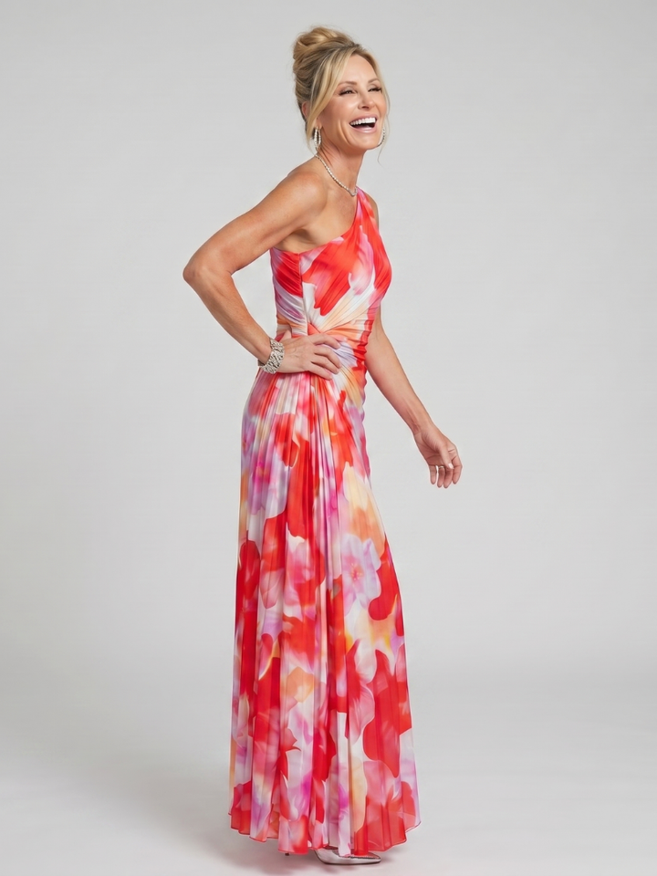 Stylish women's one shoulder floral pleated midi dress, ideal for cocktail parties, special occasions & evening wear.