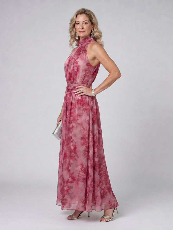 Stylish women's halter neck midi dress, elegant design for all occasions. A perfect party outfit.