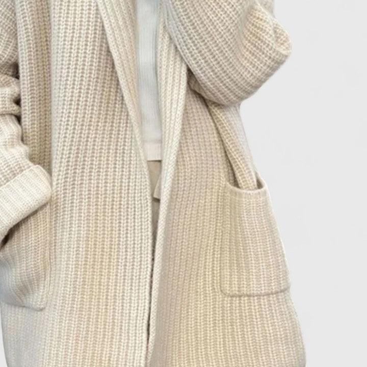 Women's Effortless Relaxed Open Cardigan in beige, a soft knit, oversized sweater for fall & winter style.