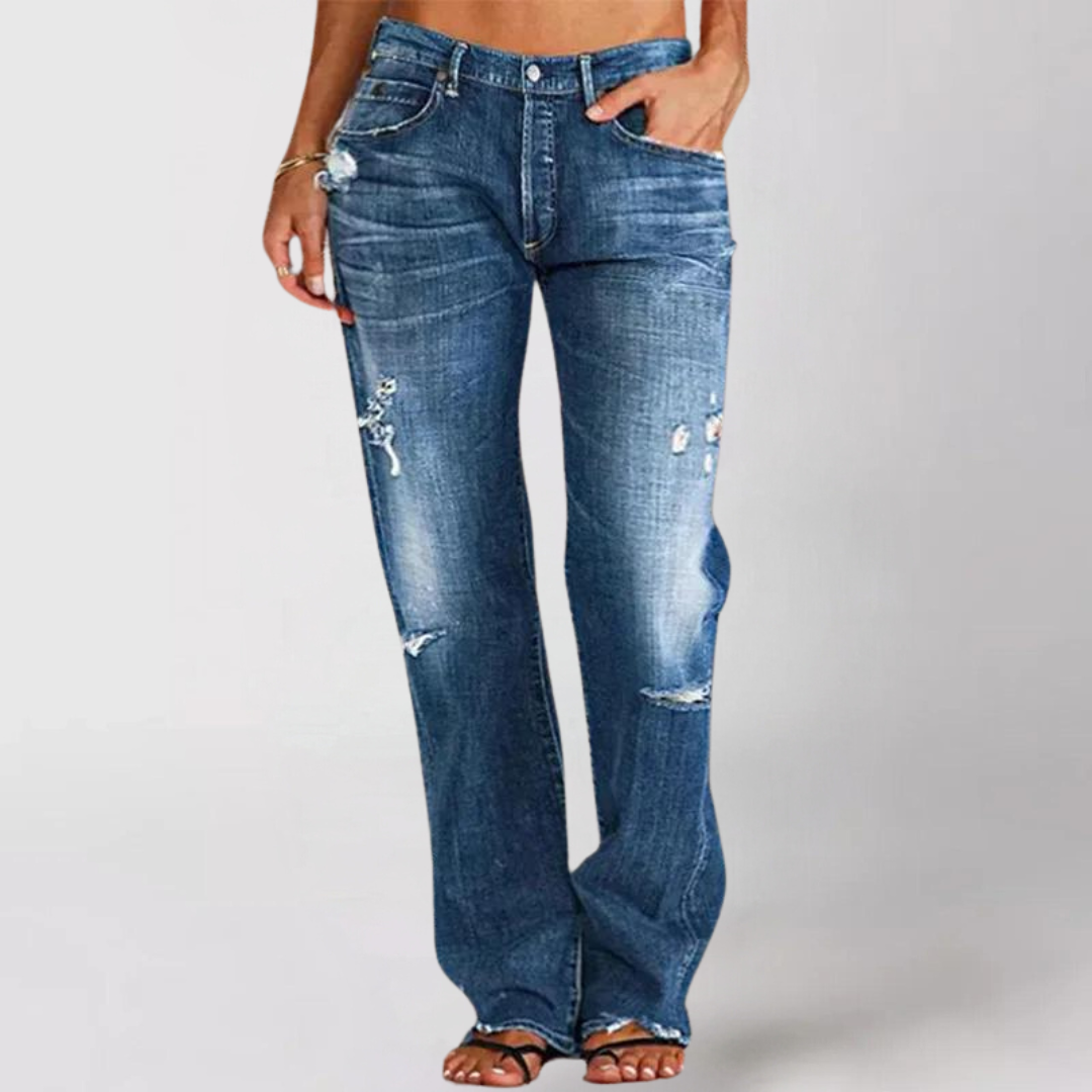 Comfortable women's relaxed fit wide-leg jeans, versatile for everyday chic and casual wear.