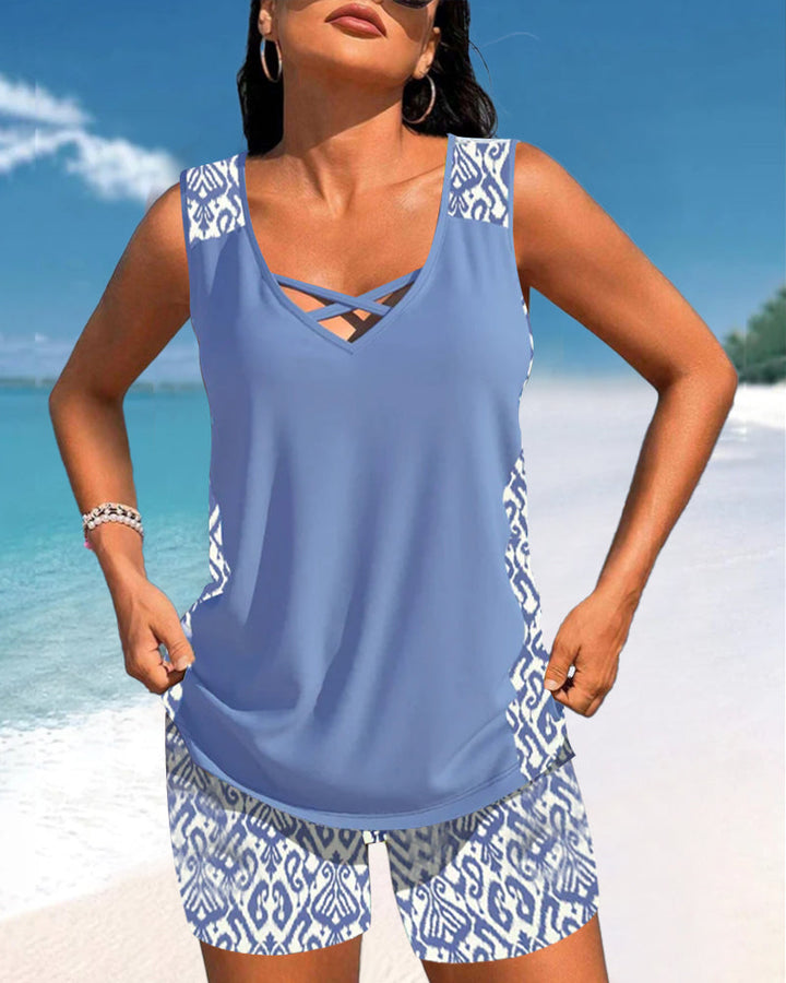 Summer fashion: Women's printed tankini swimwear with a flattering criss-cross neck design.