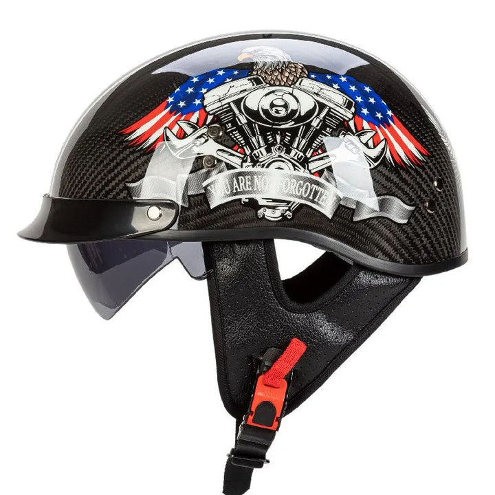 Sleek unisex half-face retro helmet with a modern carbon look finish for motorcycle riders.