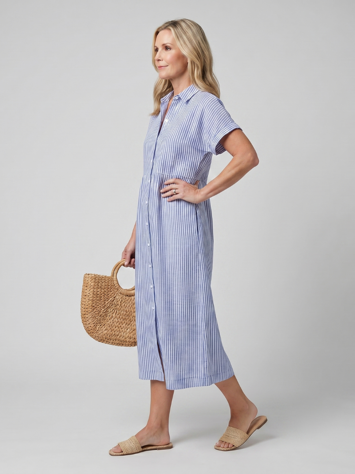 Collared striped short sleeve midi dress for women, featuring a button-front closure, great for casual wear.