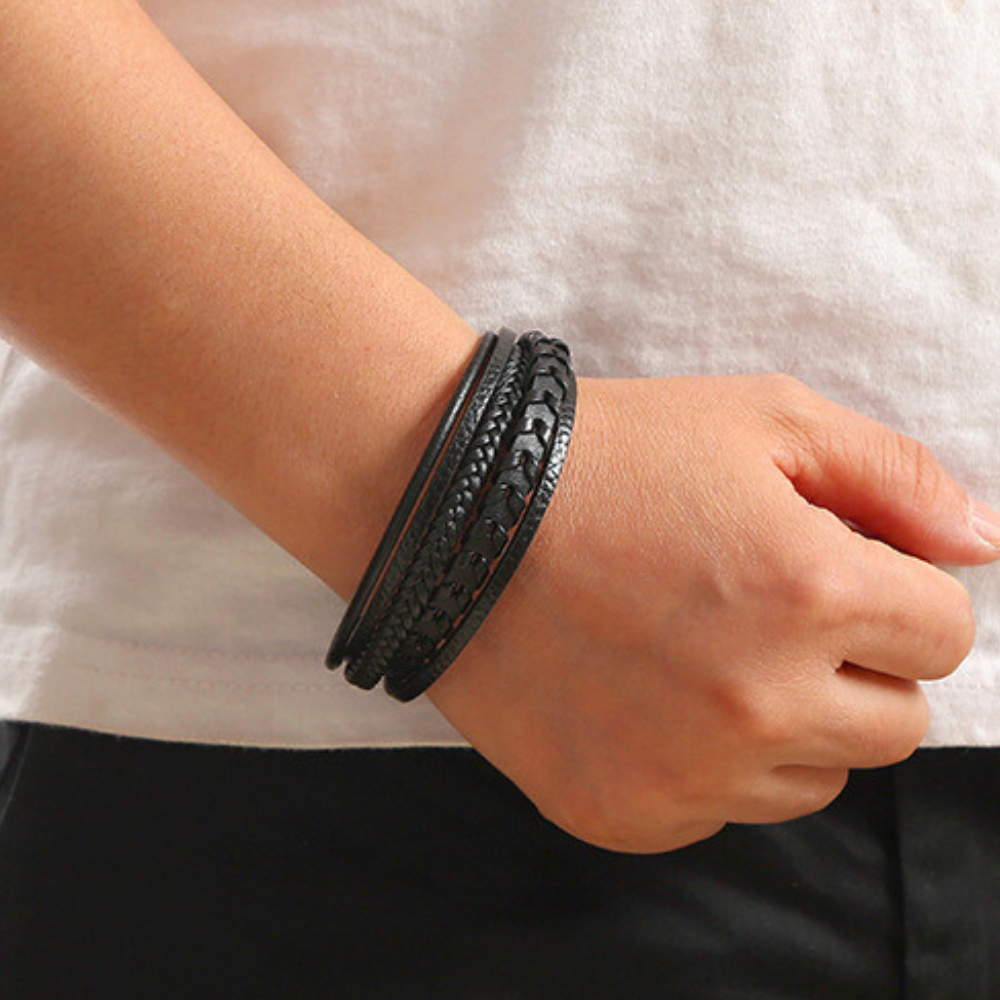 Masculine braided leather Viking bracelet, enhancing any men's fashion look with strength.