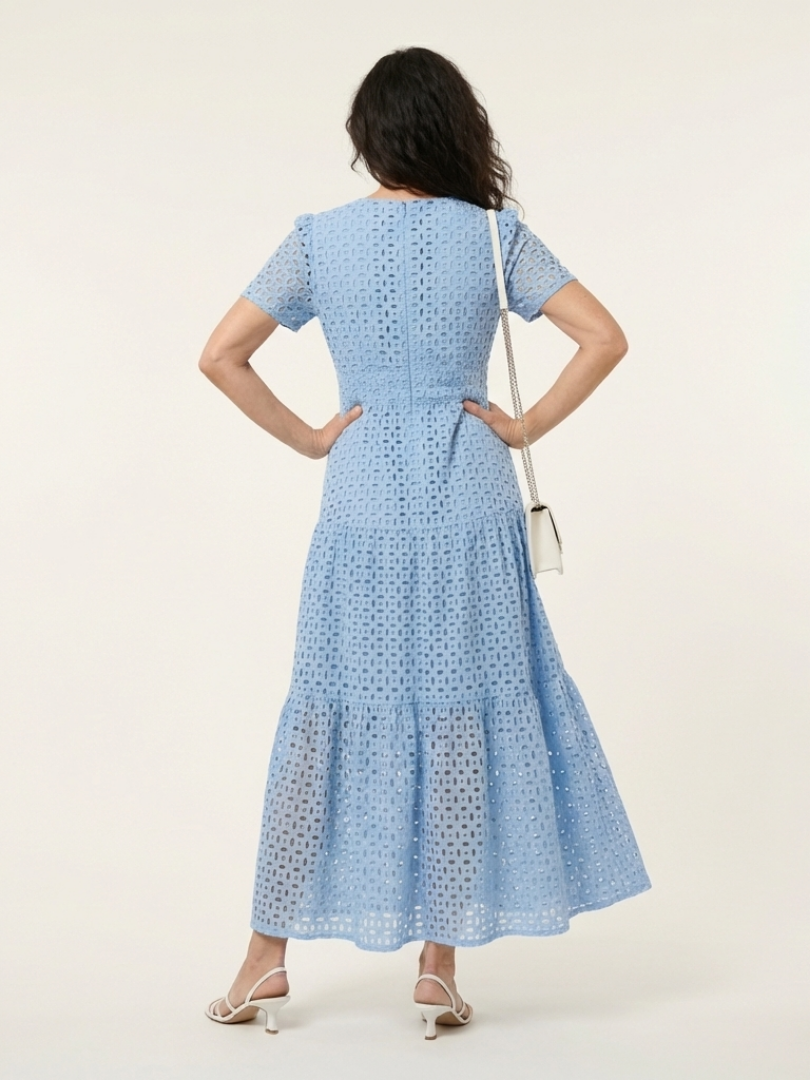 Women's V-neck short sleeve sky blue tiered midi dress with smocked waist, a chic summer eyelet design.