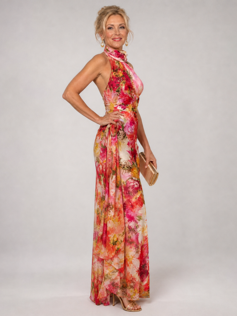 Elegant women's flowy maxi dress featuring a halter neck and beautiful floral print, ideal for summer parties.
