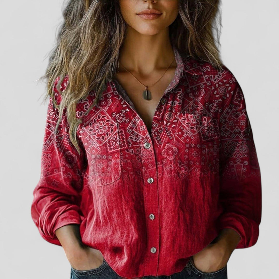 Stylish women's gradient button-down blouse, elegant and versatile for everyday fashion.