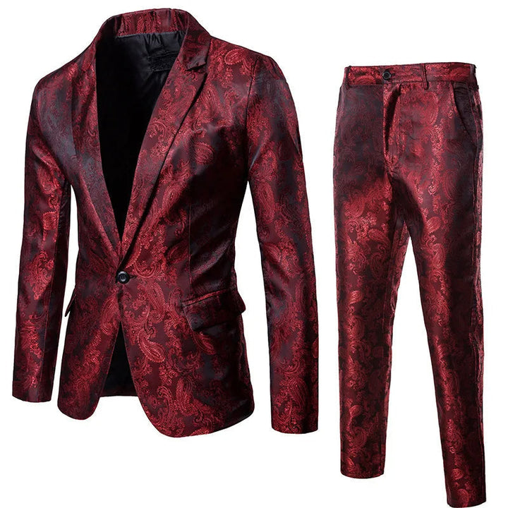 Tailored men's slim fit jacquard suit, formal blazer & matching trousers for a sharp, modern event look.