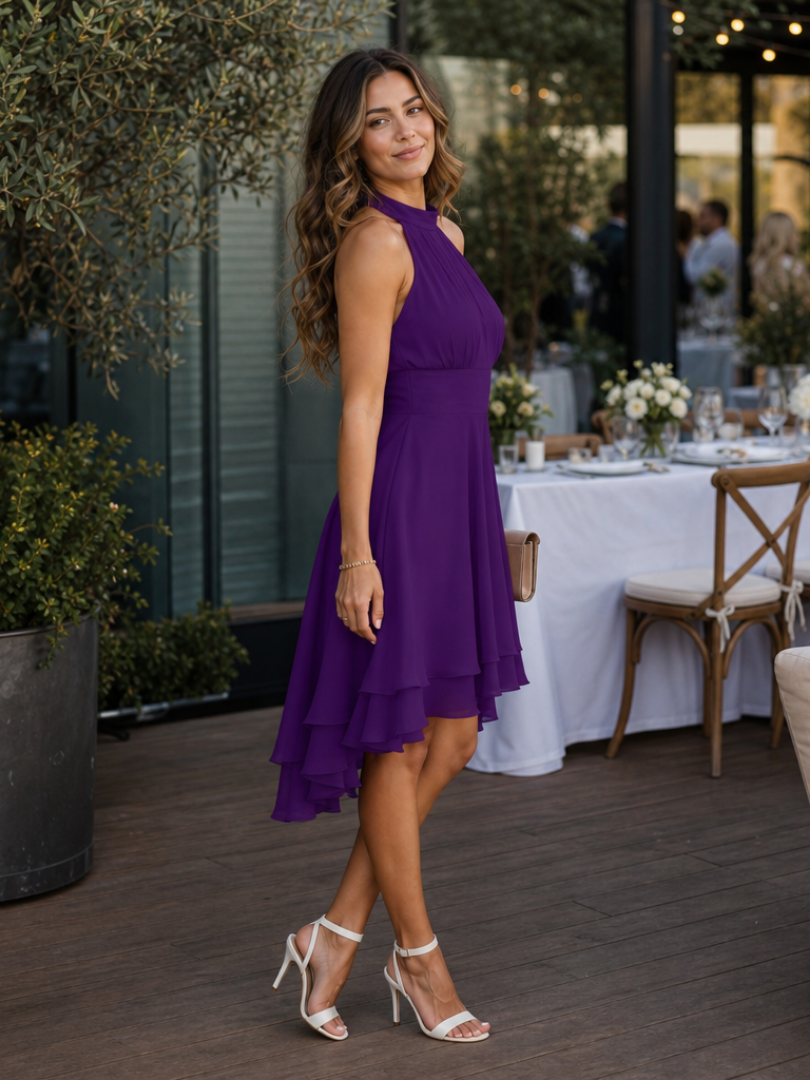 Chic women's knee-length halter dress featuring a flowing layered hem, an elegant choice for evening wear.