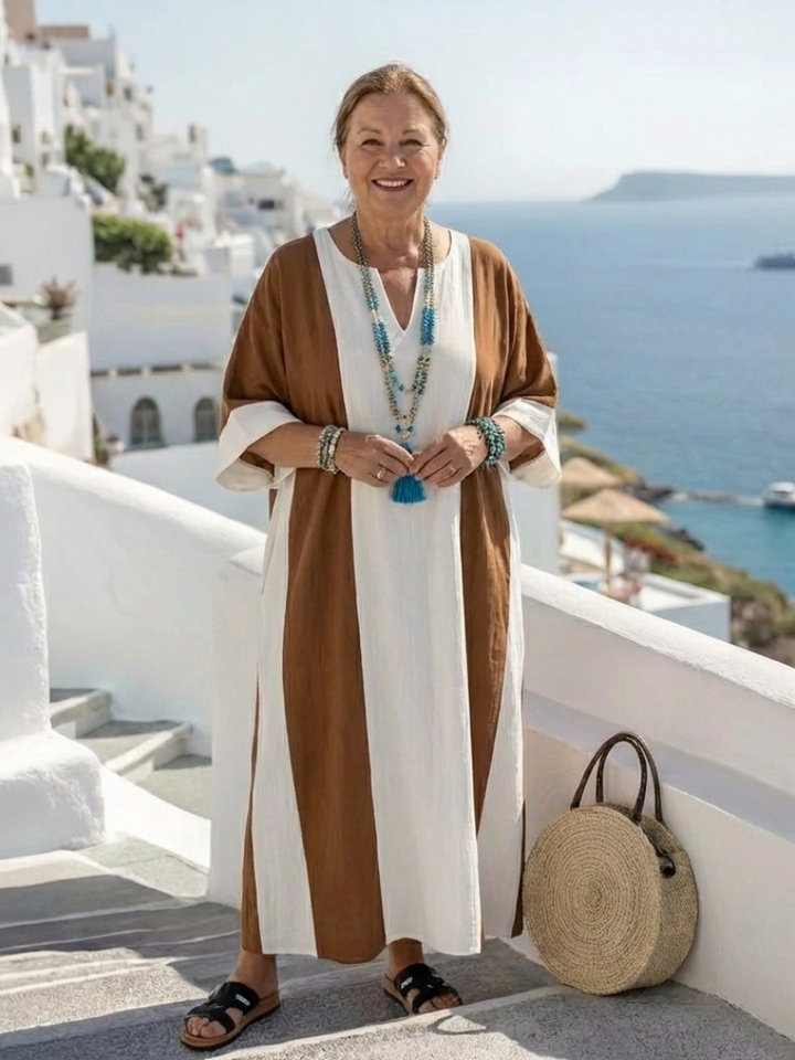 Flowy brown color block maxi dress for women. Short sleeve, relaxed fit, comfortable, & perfect for summer.