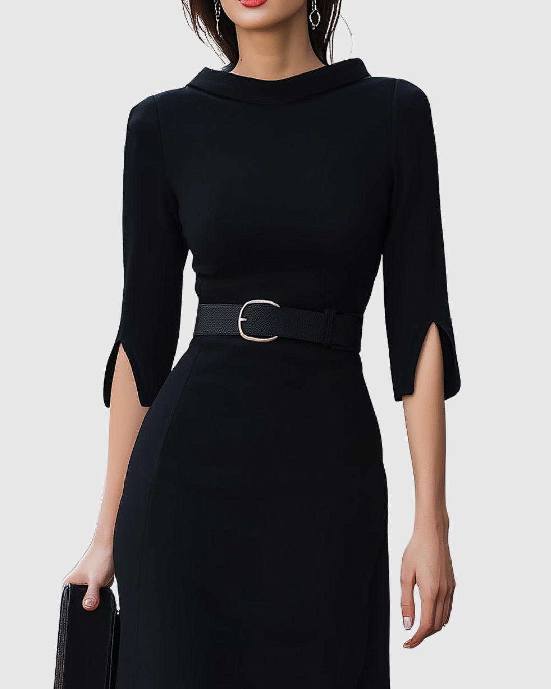 Elegant women's black midi dress, ideal for cocktail parties, office attire, and versatile sophisticated fashion.