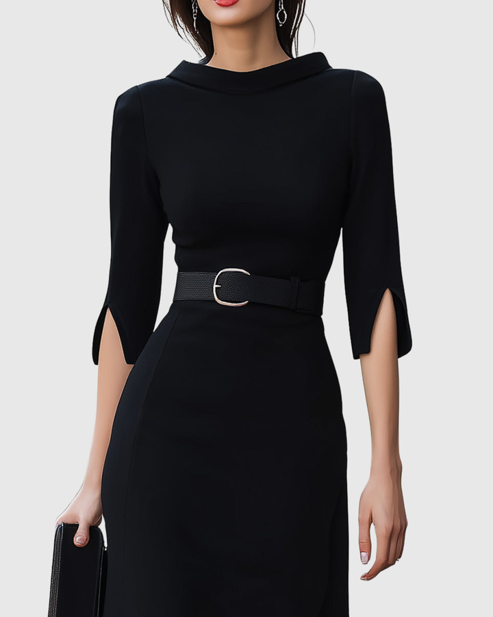 Elegant women's black midi dress, ideal for cocktail parties, office attire, and versatile sophisticated fashion.