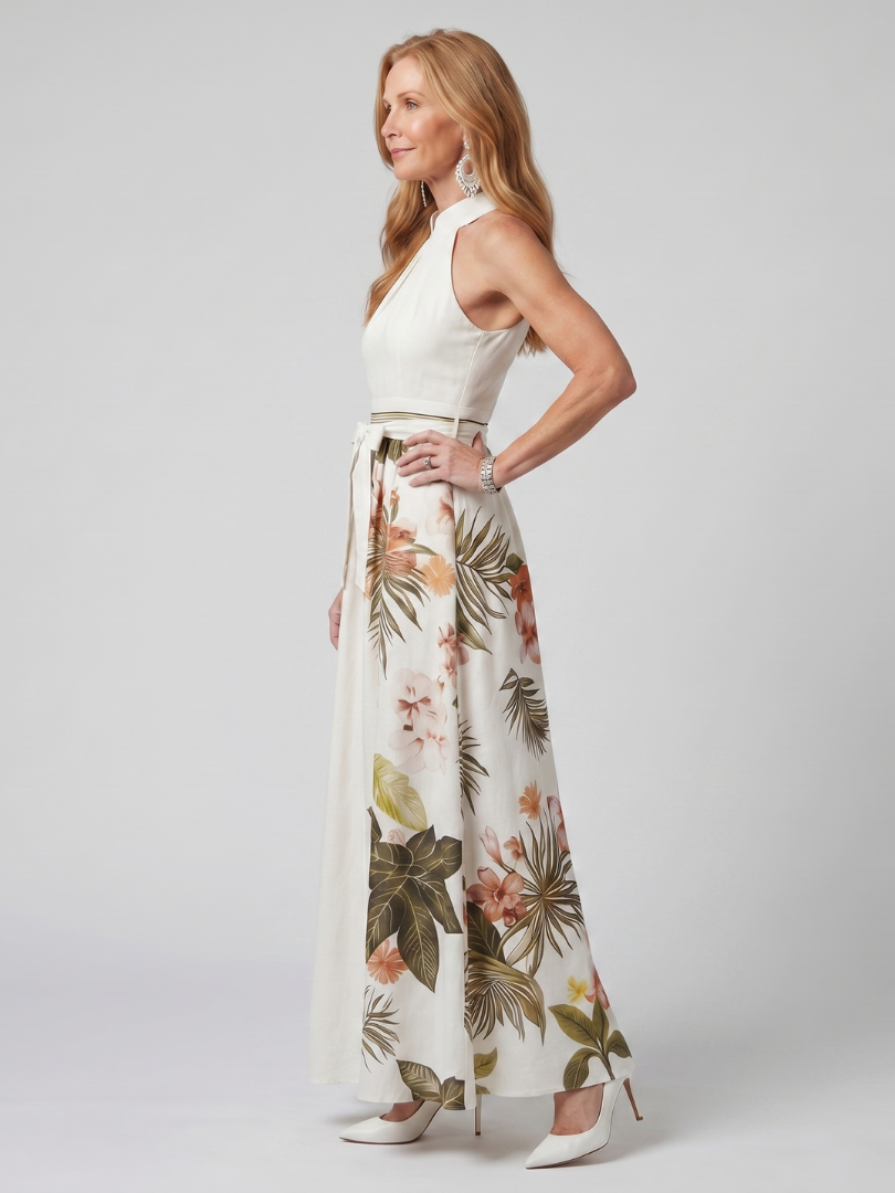 Flowy sleeveless white halter maxi dress for women, ideal for beach, vacation, or special occasions.