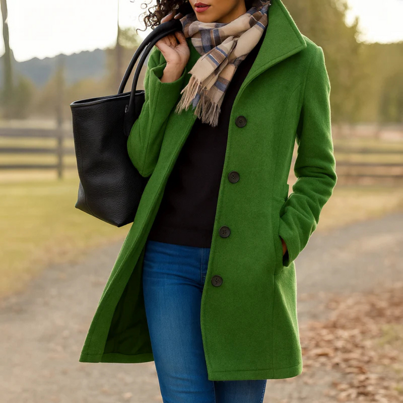 Stylish women's elegant classic long coat, warm outerwear for timeless fall fashion & comfortable winter wear.