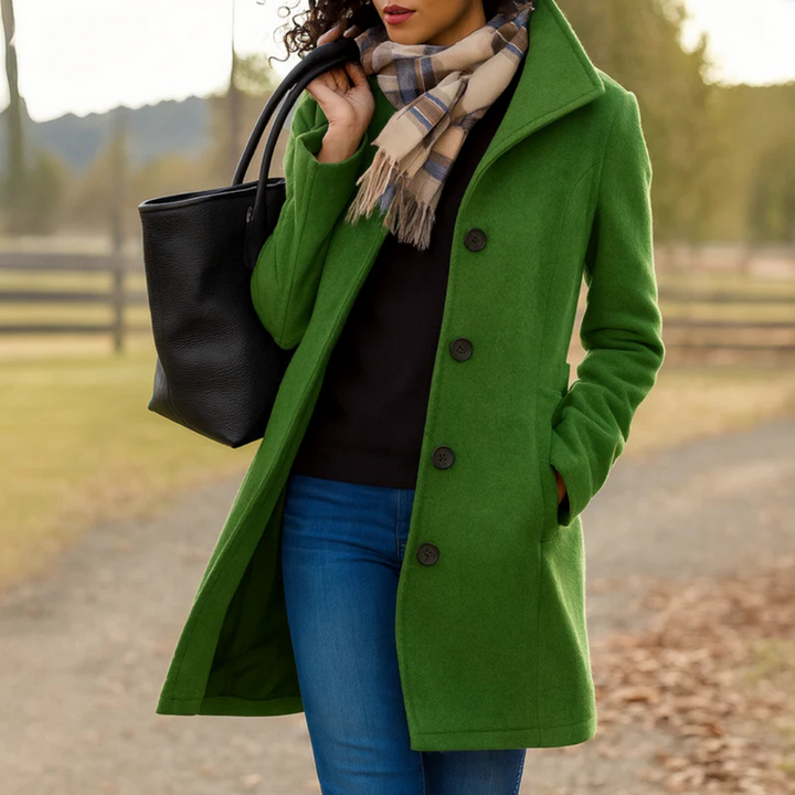 Stylish women's elegant classic long coat, warm outerwear for timeless fall fashion & comfortable winter wear.
