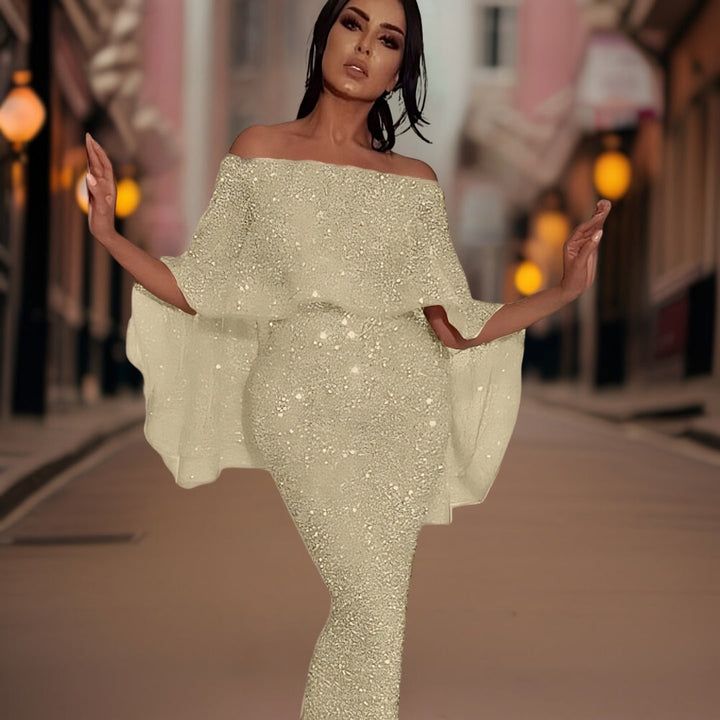 Chic off-shoulder ruffle party dress for women, highlighting its elegant design and comfortable fit.